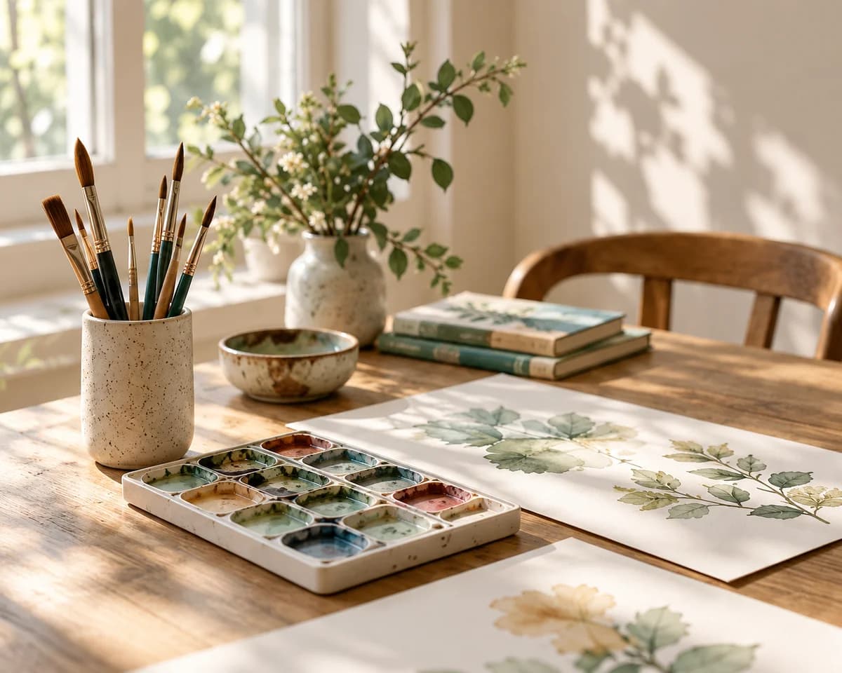 Watercolour materials and botanical artwork on a sunlit table
